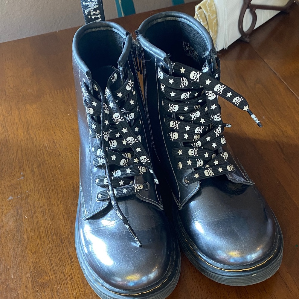 Shiny Black Dr. Marten Boots with Skull & Cross-Bone Laces